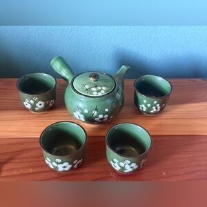 Japanese Style Miso Green Ceramic Teapot D=4” Set w/4 Cups Sakura Blossom China